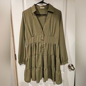 Sundayup Olive Green V-Neck Multi Tiered Long Sleeve Buttoned Dress Size Medium